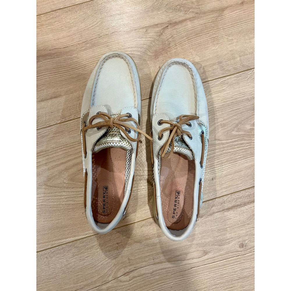 Sperry Top-Sider Angfish Boat Shoes 10 Cream Gold Leather Mesh Loafers Womens